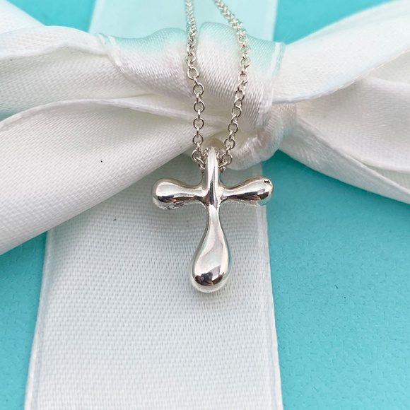 Tiffany & Co. Elsa Peretti Teardrop Cross 925 Silver Necklace 16” 15mm - Picture 6 of 7